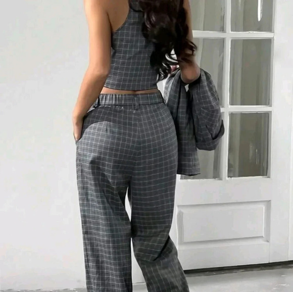 3pcs/Set Solid Grey Suit Blazer Jacket, Vest And Pants - Picture 3 of 10